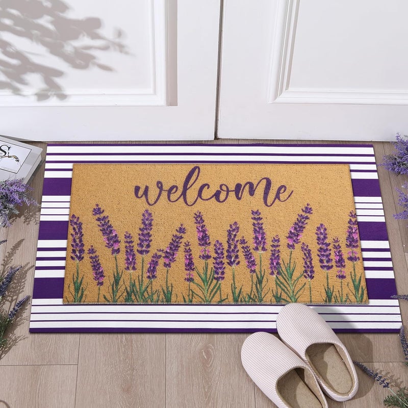 Tinideya 2 Pcs Lavender Door Mat Purple and White Stripe Welcome Non Slip Coir Mats Flower Floor Layering Doormats Seasonal for Front Porch Entryway Decor(Lavender) - Image 1
